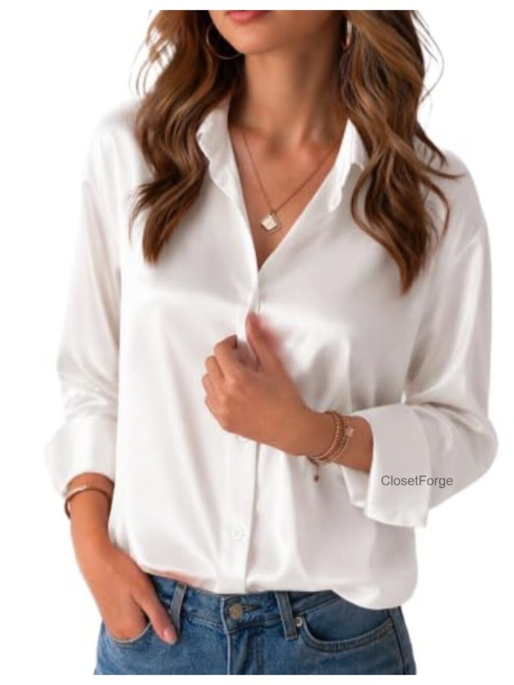 Satin Button Down Shirt Long Sleeve V-Neck Blouse Loose Fit Office